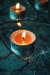Poster - Group of candles burning bright on a wooden table, perfect for decorative purposes or as a symbol of celebration