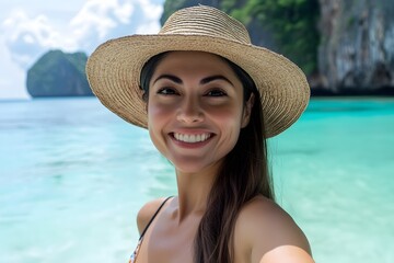 Wall Mural - a selfie of an attractive woman in her early thirties, smiling at the camera and wearing beach attir