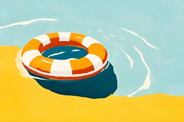 Wall Mural - a simple, flat illustration of a life preserver floating on the water, with bold colors and minimal 