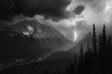 Poster - A powerful lightning bolt strikes through the dark sky, captured in striking monochrome