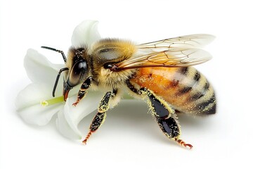 Aufkleber - A close-up shot of a bee sitting on a white flower, perfect for illustrations and designs