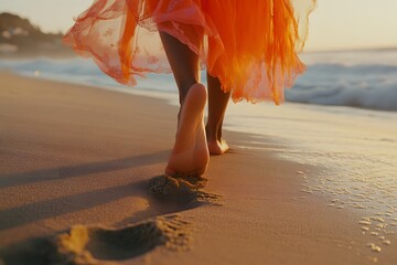 Wall Mural - a close-up of the woman's feet as she walks along an exotic beach, wearing colorful bohemian and goi