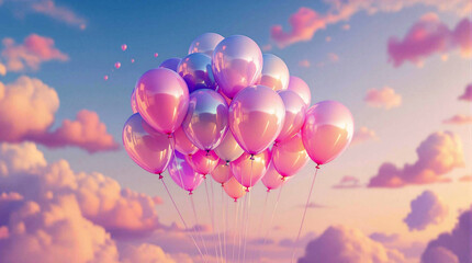 Poster - A dreamy, ethereal scene of a cluster of pink balloons floating amidst a backdrop of fluffy white clouds against a radiant blue sky.