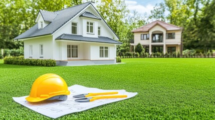 House plans on grass, construction site, two houses in background, architectural concept