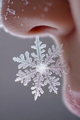 Poster - A detailed shot of a delicate snowflake resting on someone's ear, perfect for use in winter-themed designs or as a symbol of uniqueness