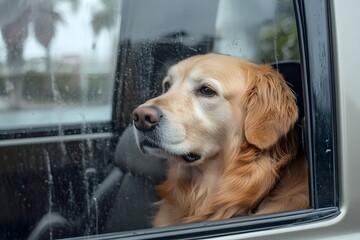 Wall Mural - golden retriever dog looking out of a car window on vacation, with palm trees and a sea background o