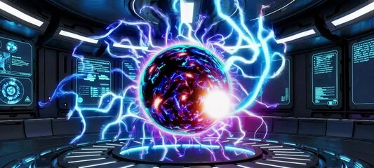Poster - Futuristic energy portal activation in hightech scifi control room with dynamic electric arcs