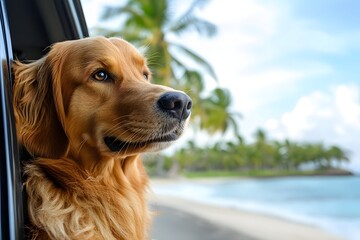 Wall Mural - golden retriever dog looking out of a car window on vacation, with palm trees and a sea background o