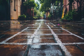 Poster - A brick walkway on a wet street during a rainy day