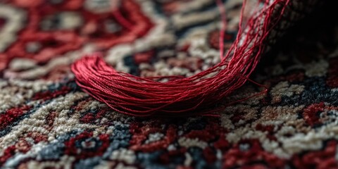 Poster - a close-up view of a red thread on a rug, suitable for use in presentations or designs where detail 