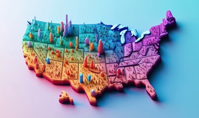 Poster - Colorful 3D Map of United States with Geographical Features and Landmarks