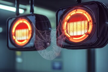 Poster - Two traffic lights covered in a spider web