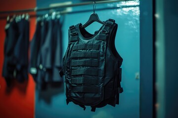 Poster - A black vest hangs on a blue wall, perfect for background use in fashion or lifestyle scenes