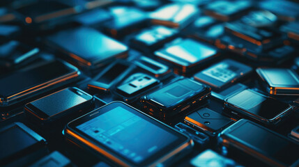 Collection of various smartphones stacked together in a visually striking arrangement during evening lighting