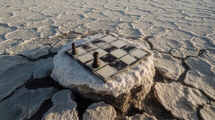 Poster - A chess board sits atop a pile of rocks, perfect for an outdoor game or as a decorative piece