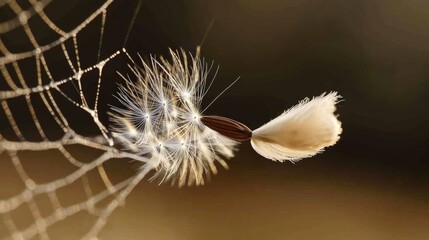 A close-up view of a spider web with a dandelion growing through it, highlighting the intricate details of nature's design