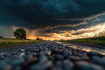 Aufkleber - A dirt road covered in water and puddles after a rainy day, with a cloudy sky above