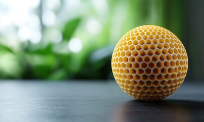 Poster - Yellow honeycomb patterned sphere on a blurred green background with soft lighting