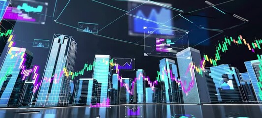 Poster - Futuristic city skylines with dynamic data visualization and virtual graphs