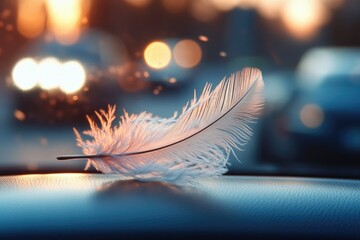 Poster - A white feather sits on the dashboard of a car, often used in editorial or lifestyle contexts