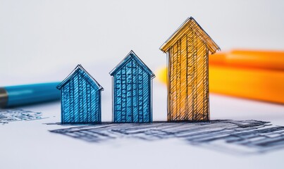 Poster - Growth in real estate market illustrated by increasing house sketches and vibrant colors