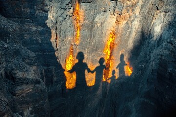 Poster - A group of people standing together at the foot of a mountain, looking up at its peak