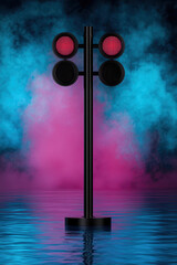 Poster - Vibrant Neon Traffic Lights in a Contemporary Urban Setting: A Stunning Artistic Representation of Technology and Safety in Modern Transport Signage