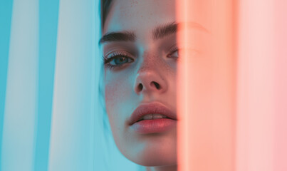 Poster - Captivating Portrait of a Young Woman Surrounded by Vibrant Colors and Soft Light, Emphasizing Beauty, Emotion, and Artistic Expression in Photography