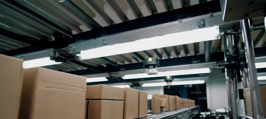 Poster - Automated conveyor system efficiently transports cardboard boxes in warehouse setting