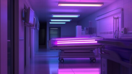 Poster - high-tech sterilizing UV-C light used to disinfect surfaces in medical environments. Explain its effectiveness in preventing hospital-acquired infections.