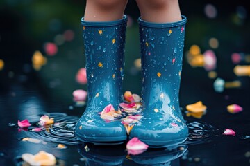 Poster - A young girl wearing blue rain boots stands in a puddle of water, looking down