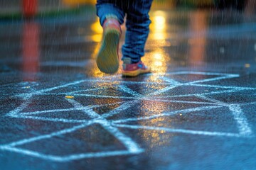 Poster - A person walks in the rain on a city sidewalk, looking up at the sky