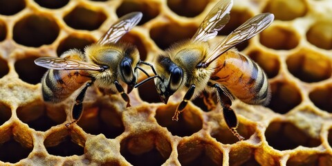 Poster - A couple of bees sitting on the top of their hive, busy collecting nectar and pollen