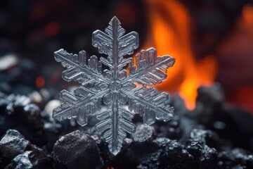 Sticker - A small snowflake rests on top of a pile of black coal, highlighting the contrast between the two