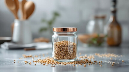 Poster - A glass jar filled with wheat grains placed on a surface, with wooden spoons in a holder to the left and other objects in the background, all of which are slightly blurred.