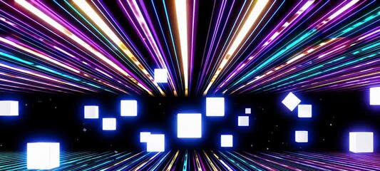 Poster - Dynamic geometric light show with vibrant neon trails and reflective surfaces