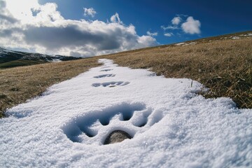 Wall Mural - A close-up shot of dog paw prints left in the fresh snow