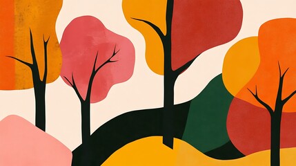 Poster - Abstract trees with various autumnal colors and abstract shapes
