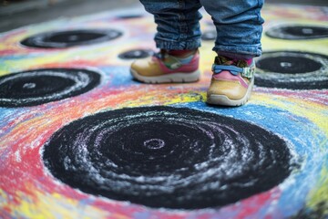 Poster - A person standing on a sidewalk with colorful chalk drawings