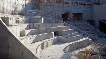 Poster - concept of a stadium under construction, with concrete being poured into molds for seating and secti
