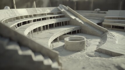 Poster - concept of a stadium under construction, with concrete being poured into molds for seating and secti