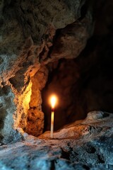 Poster - A lone candle provides light in a dark and mysterious cave