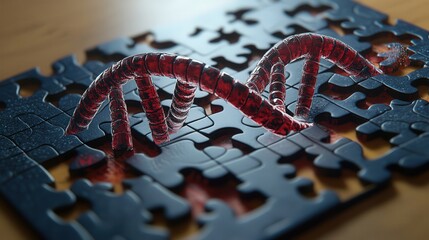 Aufkleber - conceptual image of the double helix twisting through a series of puzzles, symbolizing how genetic information can be manipulated and decoded.