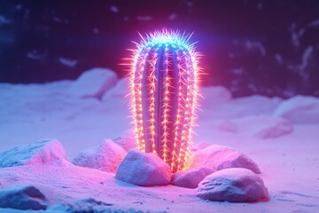 Poster - A prickly cactus surrounded by bright lights in a snowy environment