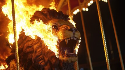 Poster - A close-up view of a lion statue on a merry-go-round