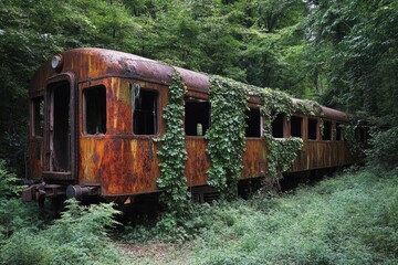 Poster - Old train car overgrown with ivy, a forgotten relic of the past