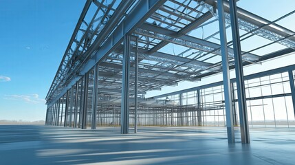 Poster - large convention center under construction, with steel supports and roof sections being assembled. Showcase the size and complexity of the building