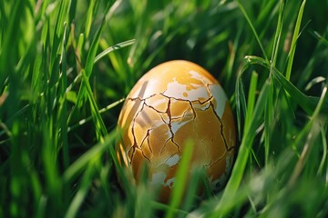 Poster - A single cracked egg lies on the green grass, perhaps abandoned or newly fallen