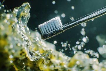 Poster - A toothbrush lying in the water with toothpaste nearby, ideal for cleaning illustrations or bathroom scenes