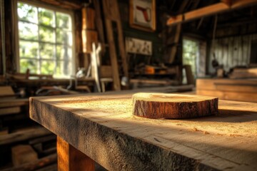 Poster - A wooden table with a piece of wood placed on top, suitable for decorative or illustration purposes